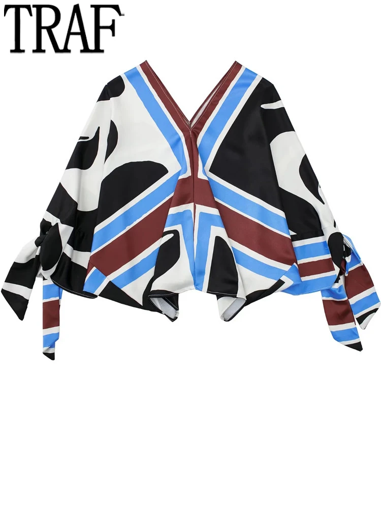 

TRAF Ties Printed Blouses Women Streetwear Asymmetric Top Female Long Sleeve Baggy Summer Top Woman 2022 Elegant Blouses
