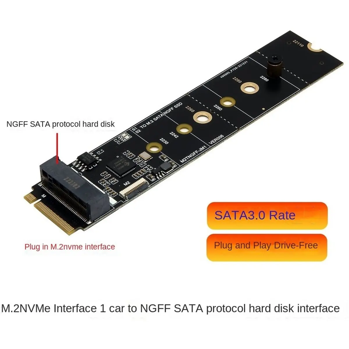 Адаптер M.2 NVME на M.2 SATA SSD, переходник с ключа M на ключ B+M, карта-адаптер M2 с чипом JMB582 для SSD M.2 SATA форматов 2230, 2242, 2260, 2280. (art.: 3920dcef8446c) - 3920dcef8446c