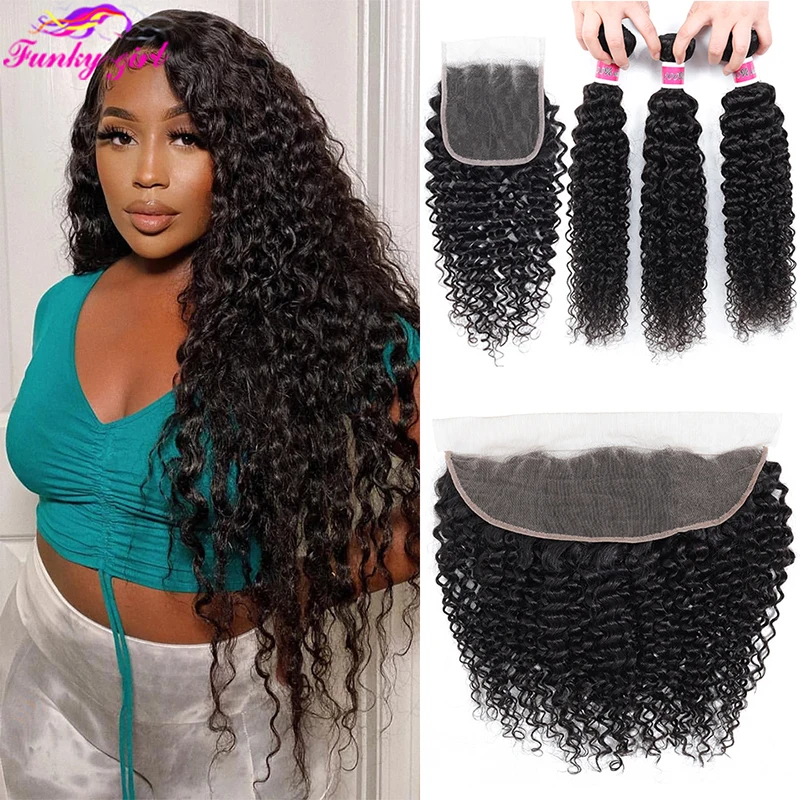 30 32 Inch Kinky Curly Bundles With Closure 100% Human Hair Bundles With Frontal Brazilian Remy Human Hair For Black Women