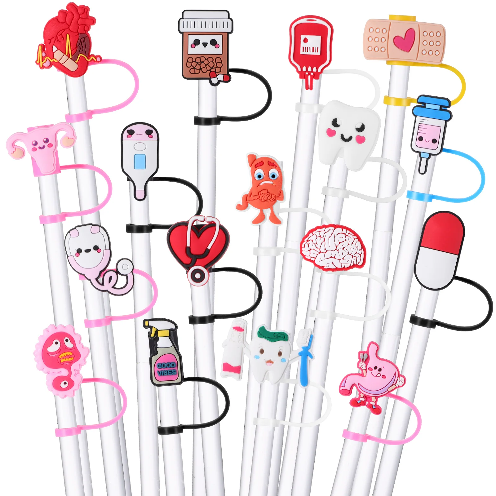 

17 Pcs Silicone Straw Tips Creative nurses day theme Cartoon Straw Covers Straw Plugs Drinks Cups Toppers Decorative Accessories
