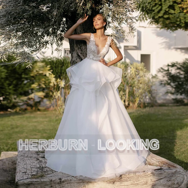 

Женское атласное свадебное платье HERBURNL, с V-образным вырезом и открытой спиной, элегантное кружевное платье в пол по индивидуальному заказу, 2022