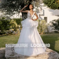 herburnl satin v neck simple backless wedding dresses 2022 customized floor lenth elegant lace apliques vestido robe de mari%c3%a9e