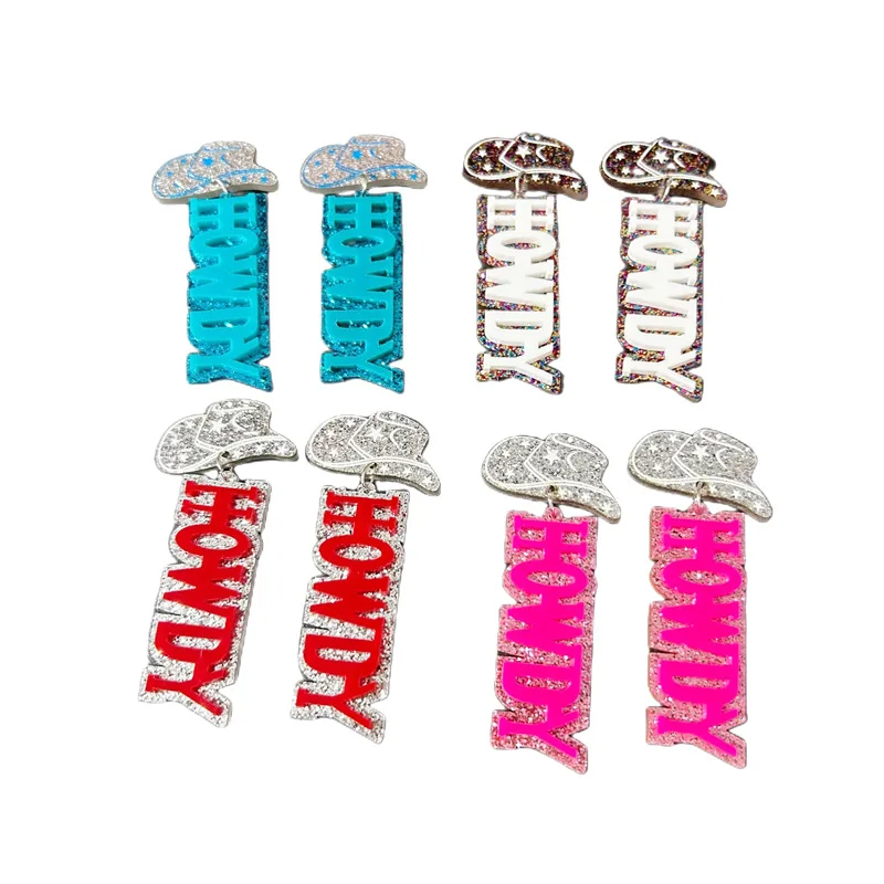 

Western Cowboy Acrylic HOWDY Earrings Long Female Punk Hat Ear Accessories Fashion Jewelry