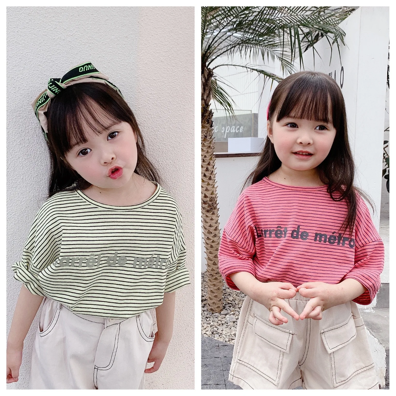 

Детская летняя Новинка 2022, Корейская версия летней футболки с коротким рукавом и принтом в полоску для девочек