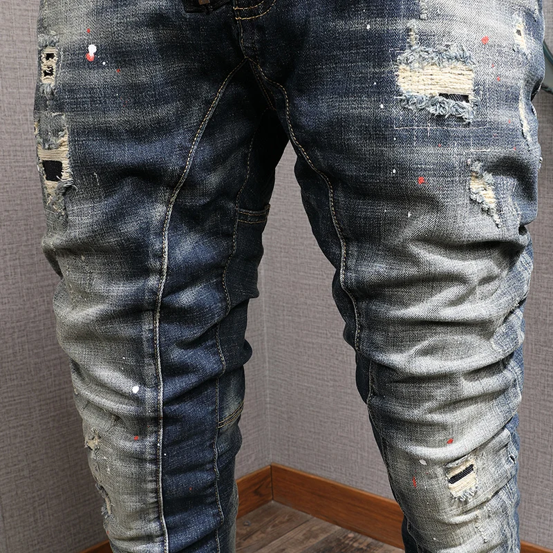 Street Fashion Men Jeans Retro Washed Blue Elastic Stretch Slim Fit Ripped Jeans Men Spliced Designer Hip Hop Biker Pants Hombre