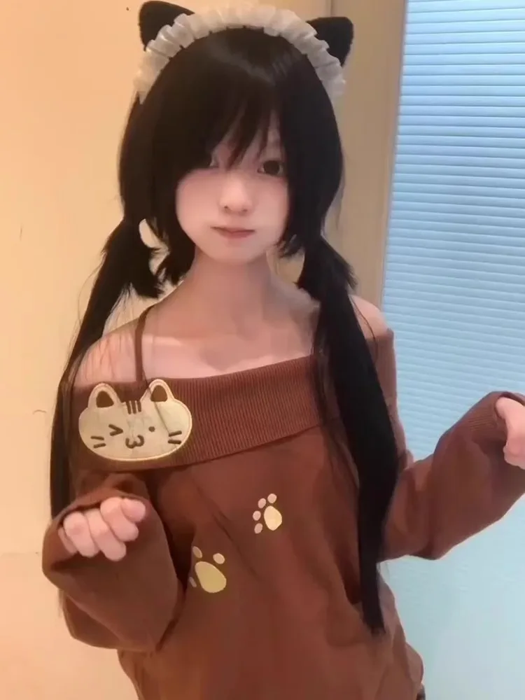 QWEEK Kawaii милый свитер с вышивкой кота японский Harajuku милые пуловеры в стиле Лолиты