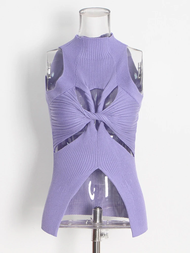 

HIGH STREET Newest 2023 Designer Jacket Women High Collar Sleeveless Irregular Hollow out Knitted Tank Top