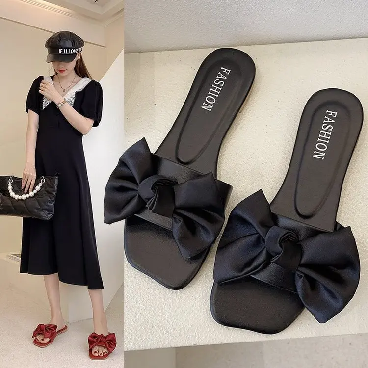 

Large Size Flat Slippers Women's Outer Wear 2022 Summer New Square Heel Bow Tie One Word Slippers Women