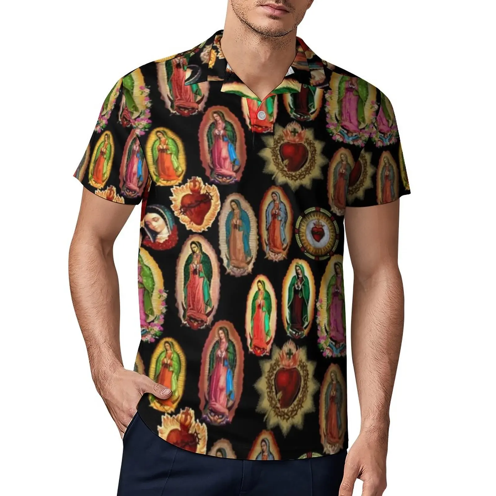 

Повседневные футболки с изображением Богородицы Гуадалупе, рубашка-поло с изображением девы Марии, Мужская Уличная одежда, топ с коротким р...