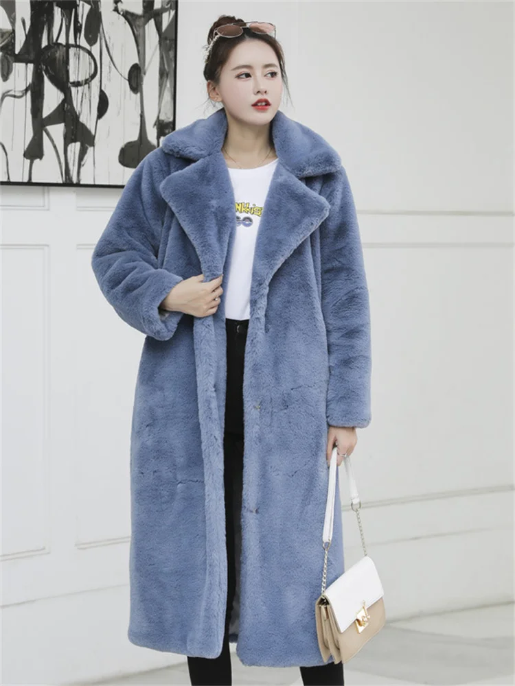 2022 Winter Fur Coat Women Suit Collar Long Loose Slim Thick Warmth Imitation Rabbit Fur High Quality Clothing Feminina Red Pink