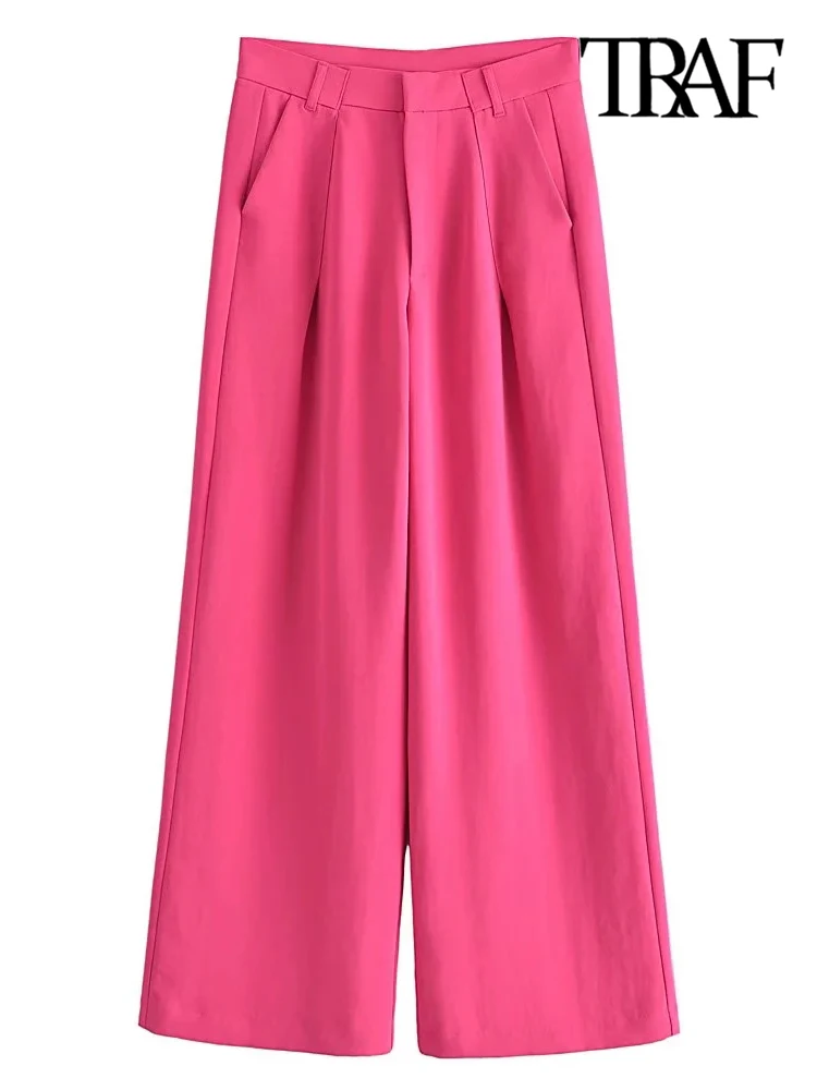 

TRAF Women Fashion Side Pockets Front Darts Pants Vintage High Waist Zipper Fly Female Trousers Mujer