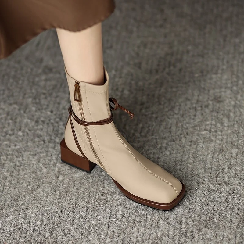 Female Boots Cross Tied Sqaure Toe Ankle Boots For Women 2023 New Arrivals Comfy Casual Shoes Woman Fashion Brand Med Heel