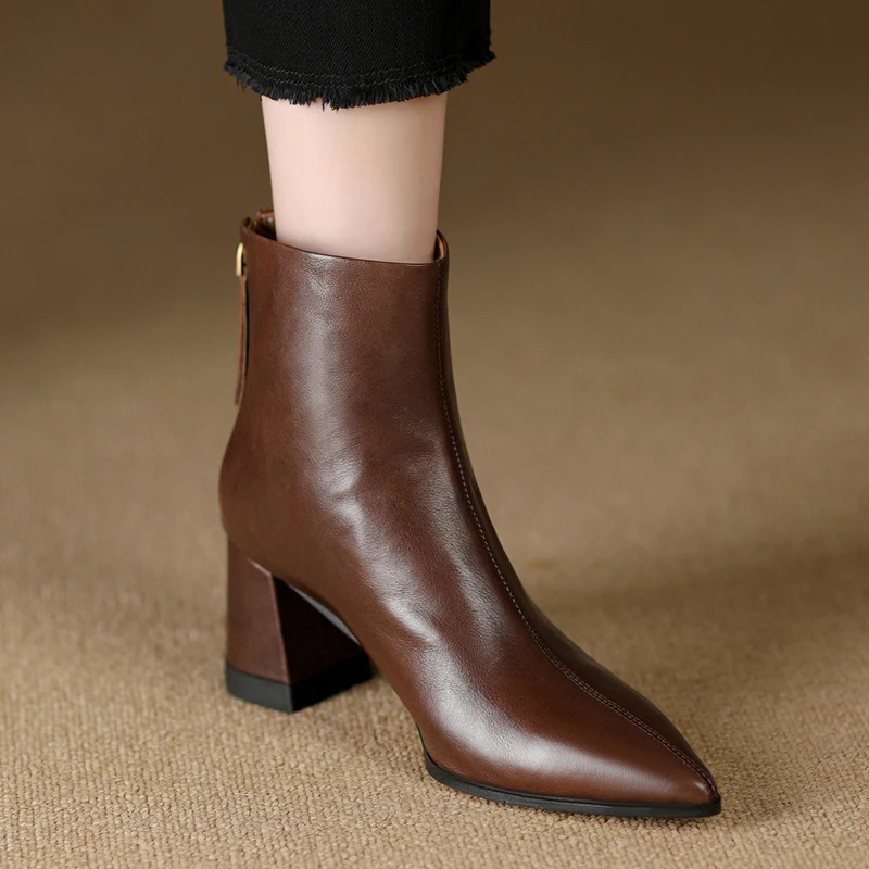 Ботильоны женские из воловьей кожи теплые полусапожки на толстом высоком