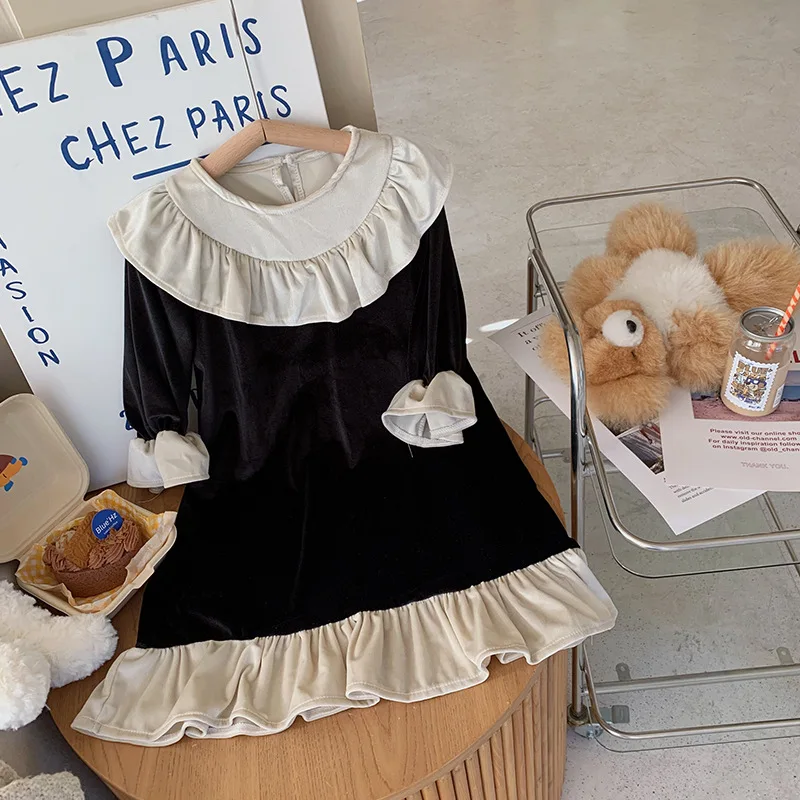 

Осень 2022, Новое Детское платье, платье для маленьких девочек с длинными рукавами и оборками, детское черное бархатное платье принцессы, велюровая Одежда для девочек