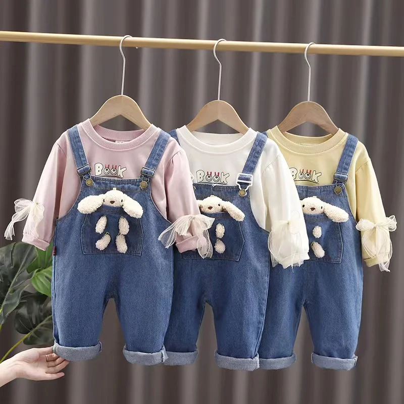 

Spring Autumn Kids Infant Cute Fashion Korean Long Sleeve Lace Bow Tops+Overalls Denim Pants Baby Girls Clothing Dress Set Bebes