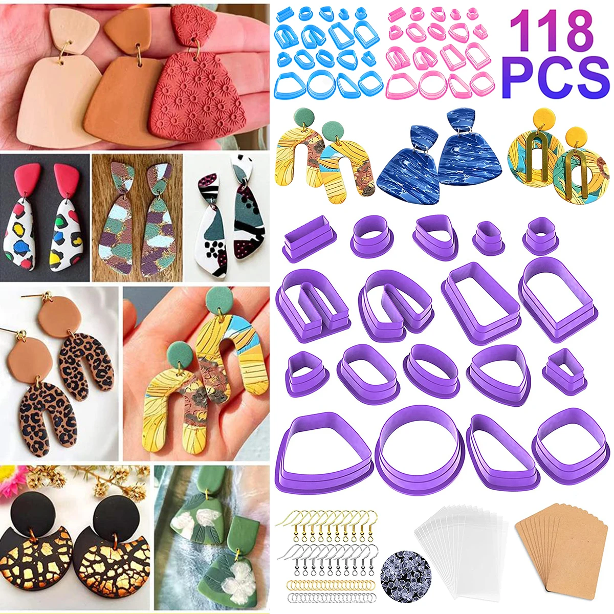 118Pcs Polymer Clay Cutter Multi Shapes DIY Ceramic Craft Cutting Mold with Earring Hooks Jump Rings for Earring Jewelry Making