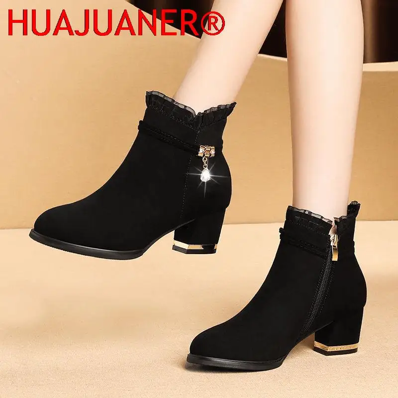 

Женские ботильоны, очень большие, 35-43, зимние, модные, на высоком каблуке, со шнуровкой, водонепроницаемые, с защитой от снега, новинка 2022