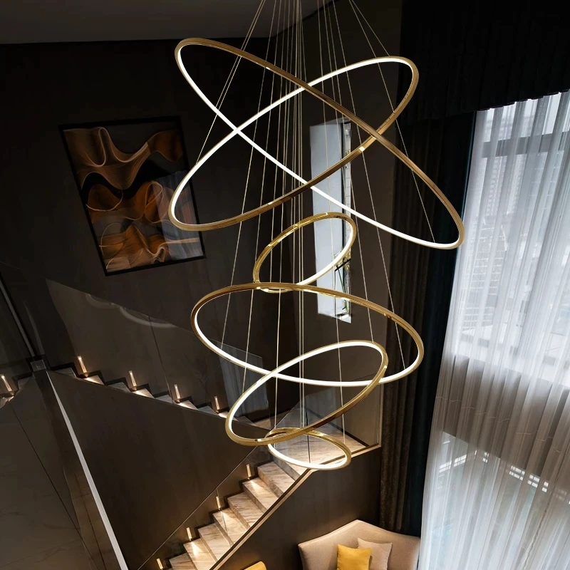 Nordic LED Chandelier Circle Golden Villa Hanging Lighting Luxury Stair Pendant Lamp Exhibition Hall Decorative Home Decor