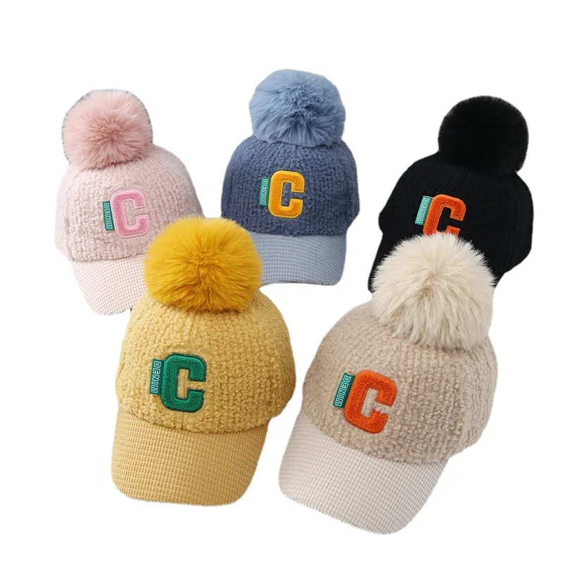 

Детская теплая шапка, детские шапки, однотонная бейсбольная Кепка с вышивкой для мальчиков и девочек, утепленный меховой шар, искусственная...