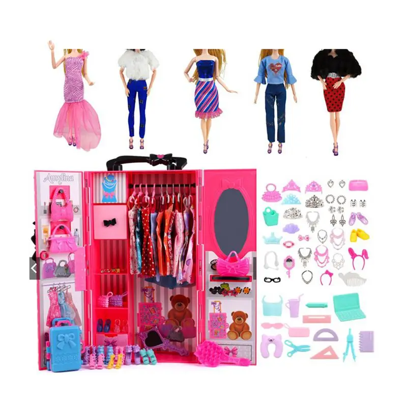 Kawaii Mini 62 Items/Lot Doll Accessories 30cm Wardrobe Closet MIniature Dollhouse Furnitures For Barbie DIY Game Girl Gifts