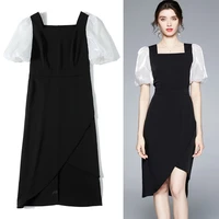 slightly fat lady square neck short puff sleeve dress patchwork design mid calf a line dress office lady solid dress