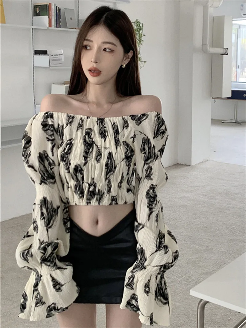 

Женский шифоновый укороченный топ с воротником-лодочкой и рукавом-бабочкой