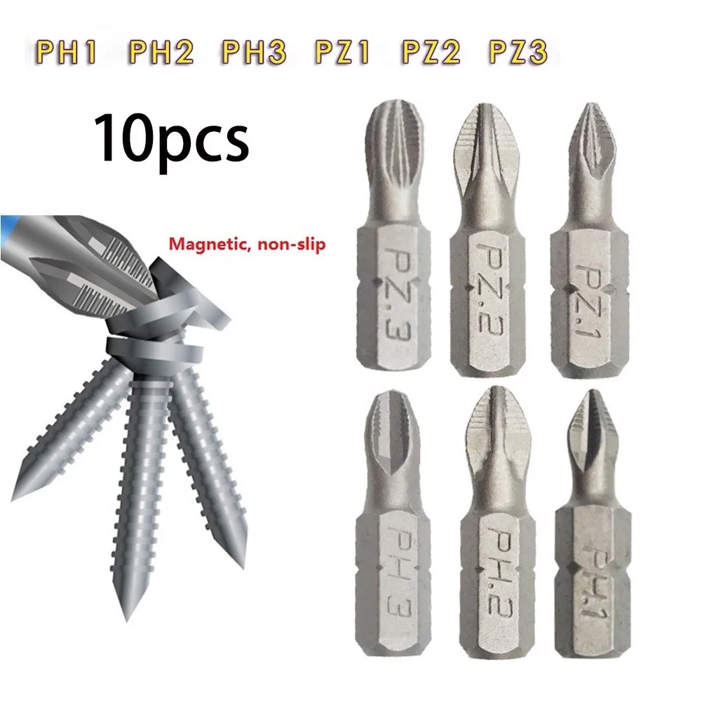 10pcs 25mm Anti Slip Electric Hex Shank Magnetic Screwdriver Drill Bit Set Hex Shank Screw Driver Bit PH1 PH2 PH3 PZ1 PZ2 PZ3