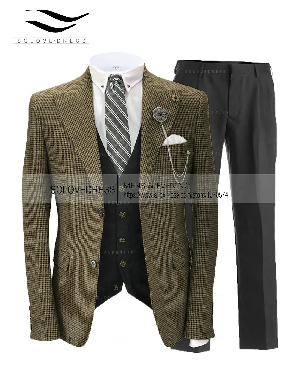 Coffee 2022 Men's 3 Pieces Suit Wool Tweed Herringbone Blazer Vest Trousers Suits for Autumn and Winter (Blazer+vest+Pants)