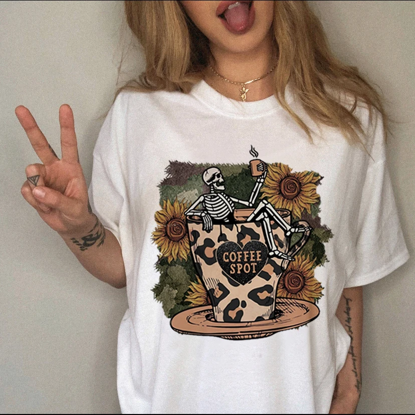 

Clothing Summer Short Sleeve Ladies Casual Women Fashion Coffee Skull Trend 90s Graphic Tee T-shirts Female T Shirt Clothes