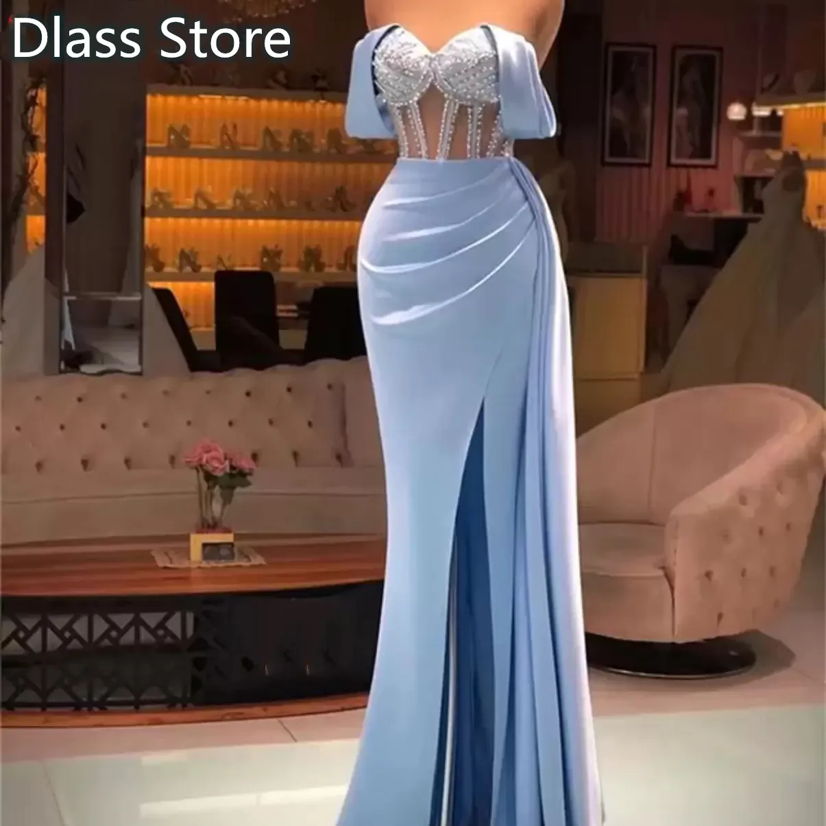 

2022 Satin Evening Dresses Mermaid Formal Dress Women Slit Off Shoulder Prom Party Gowns Vestidos Elegantes Para Mujer Robe