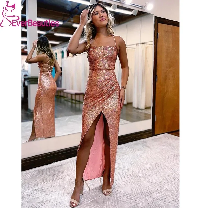 

Spaghetti Straps Prom Dresses Long Mermaid Sequin Party Dress Vestidos De Graduación Plus Size Side Slit Evening Dress for Women