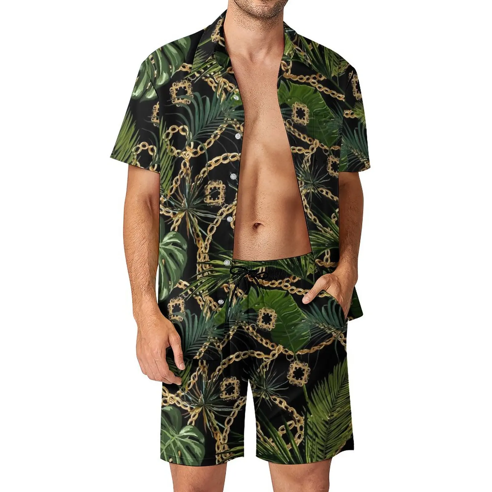 

Chain Print Men Sets Tropical Leaves Vintage Casual Shirt Set Short Sleeves Design Shorts Summer Vacation Suit Big Size