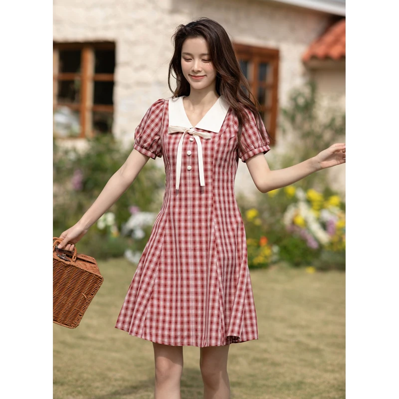 

Женское винтажное платье до колен, хлопковое платье с воротником «Питер Пэн» и бантом, клетчатое платье с пышными короткими рукавами, лето