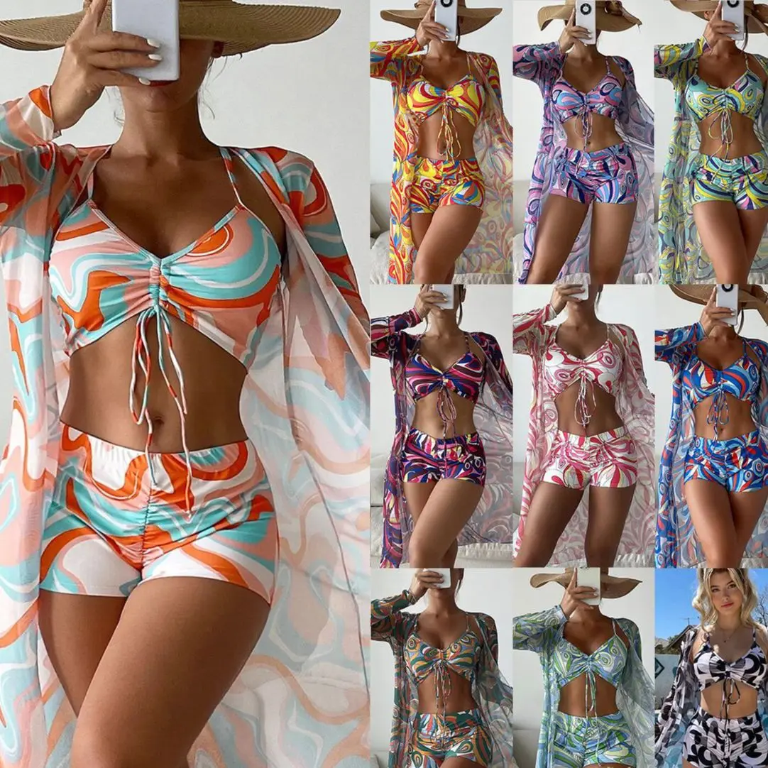 

Оптовая продажа, 3 шт., женские боксеры, шорты, комплекты бикини, модные женские купальные костюмы с принтом, женские бандажные купальники с высокой талией
