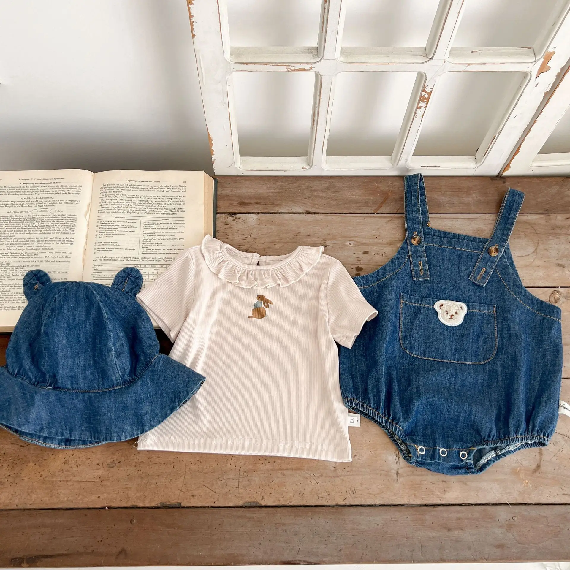 

Summer Fun for Baby Girls Boys: Bear Denim Bodysuit+3D Animal Ear Hat Ruched Short Sleeve Top Set 0-3Y - Cute Toddler Clothes