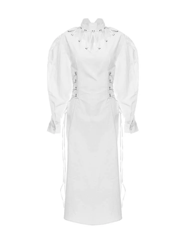 

Женское белое Бандажное платье, элегантное ажурное свободное платье с воротником-стойкой и длинным рукавом, весна-осень 2022, M593