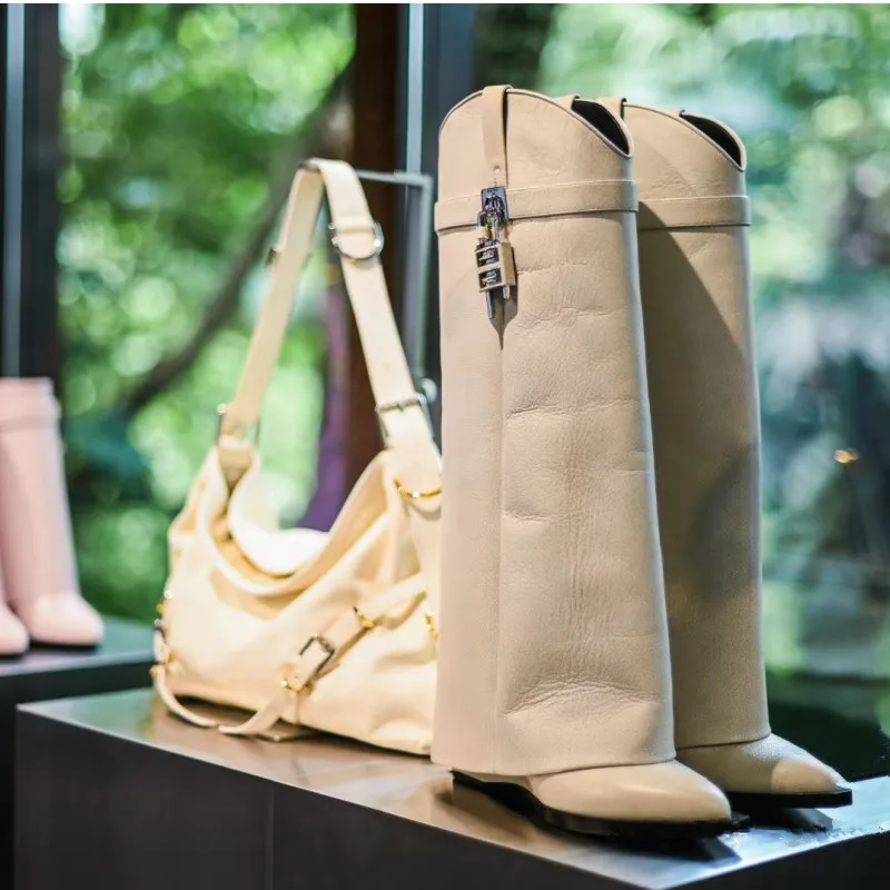 Women's Winter New Fashion Over Knee Long Boots Shark Lock Pattern Thick Sole High Heel Boots Brand Women's Long Leather Boots