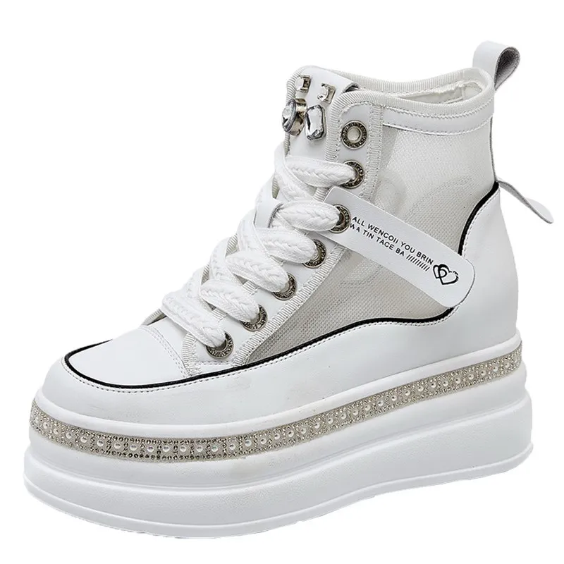 

High Top 8CM New Air Mesh Genuine Leather Breathable Summer Women Mid Calf Ankle Boots Platform Wedge Chunky Sneaker Hollow Shoe