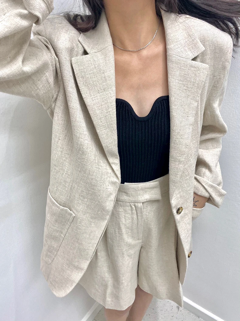 

Women 100% Linen Notched Single Breasted Long Sleeve Suit or High Waist Wide Leg Shorts