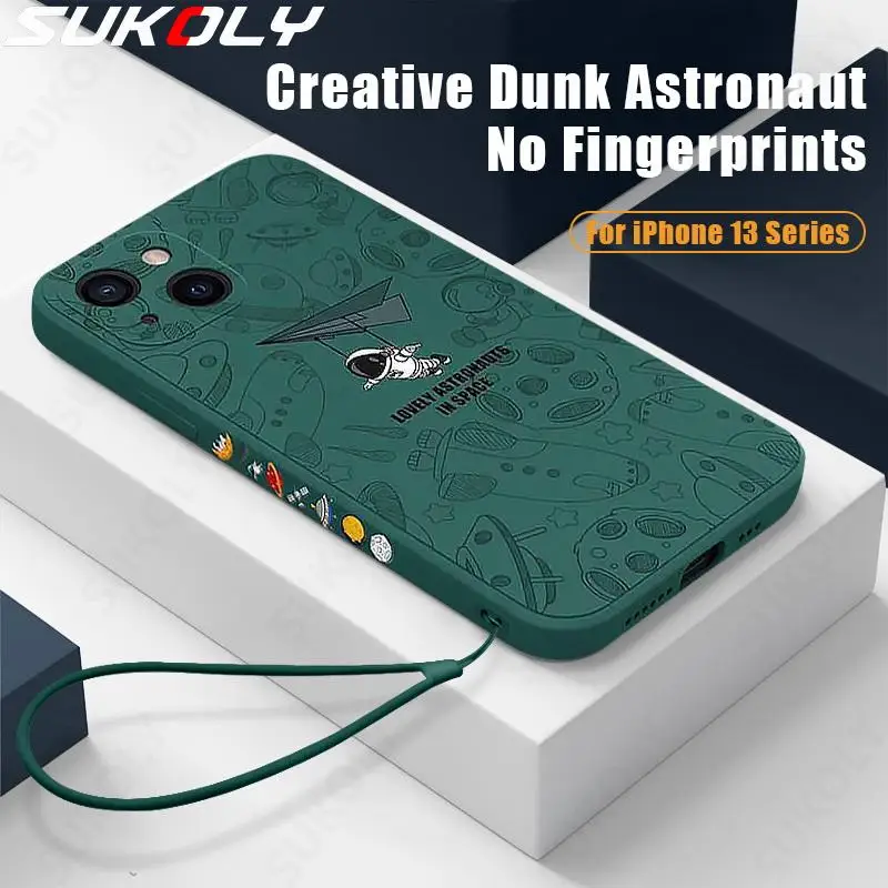 

For iPhone 13 Pro MAX Square Bumper Astronaut Silicone Lanyard Case Shockproof Back Cover for iPhone 12 11 XS Max XR X 8 7 Plus