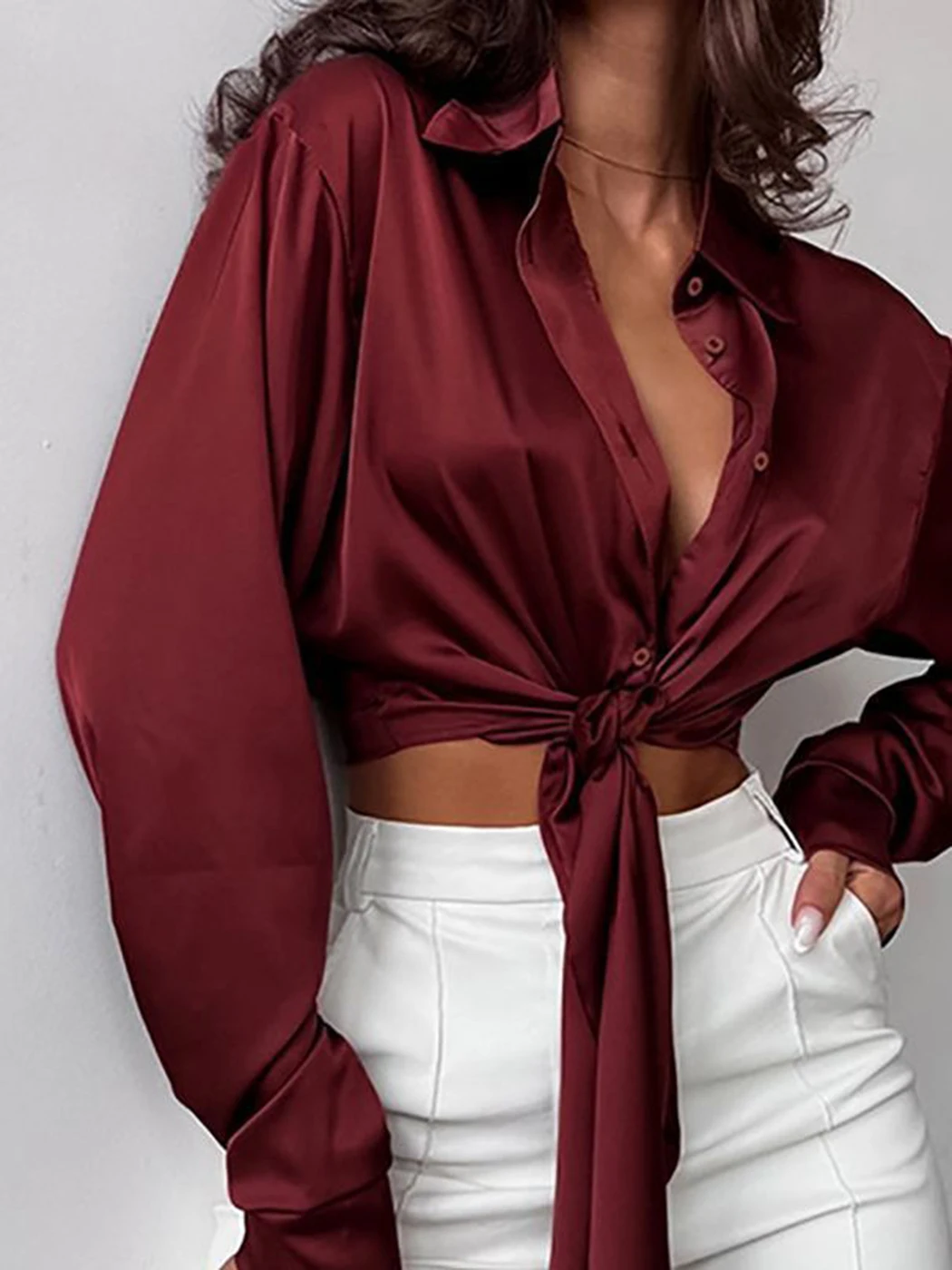 French Vintage Satin Bow Tie Shirts For Women 2023 Spring Summer New Fashion Solid Button Color Basic Top Long Sleeve T-shirt