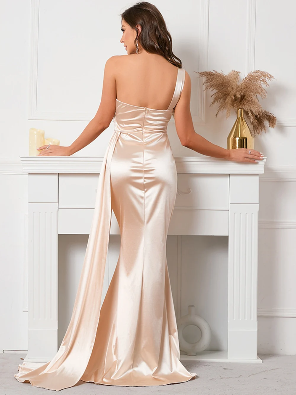 Romans Blush Long Party Dress Satin One Shoulder Evening Dress Pleat Sexy Prom Dresses Wedding Party Dress Bridesmaid Dress