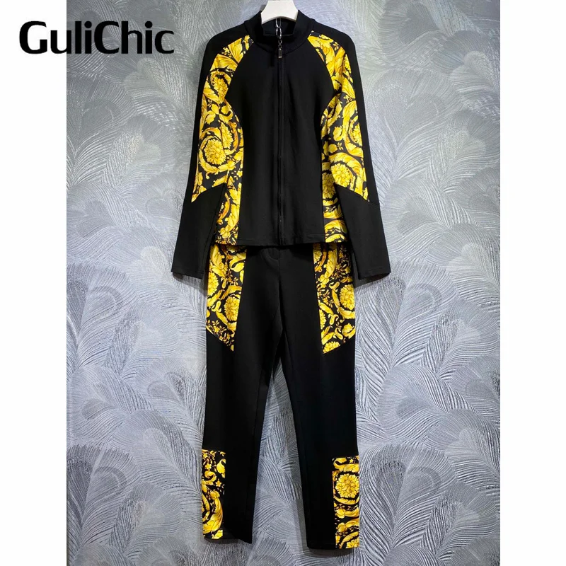 

9.22 GuliChic Women Runway Fashion Vintage Spliced Print Stand Collar Zipper Jacket And High Waist Pants Casual Set