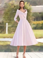 a line mother of the bride dress elegant vintage v neck tea length satin 34 length sleeve with pleats