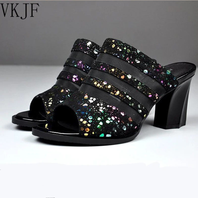 

High Heels Glitter Slippers Women Summer 2022 Sexy Black Mesh Slip on Sandals Shoes Woman Peep Toe Hollow Out Sandalias