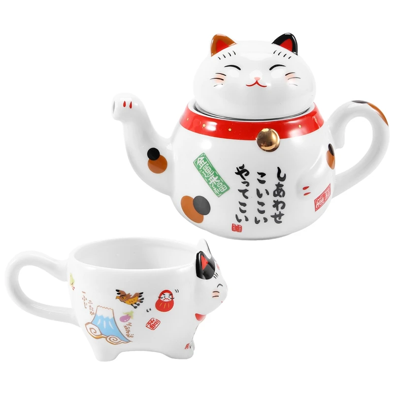 

2 Pcs Cute Japanese Lucky Cat Porcelain Tea Set Creative Ceramic Tea Cup Pot With Strainer Lovely Plutus Cat Teapot Mug