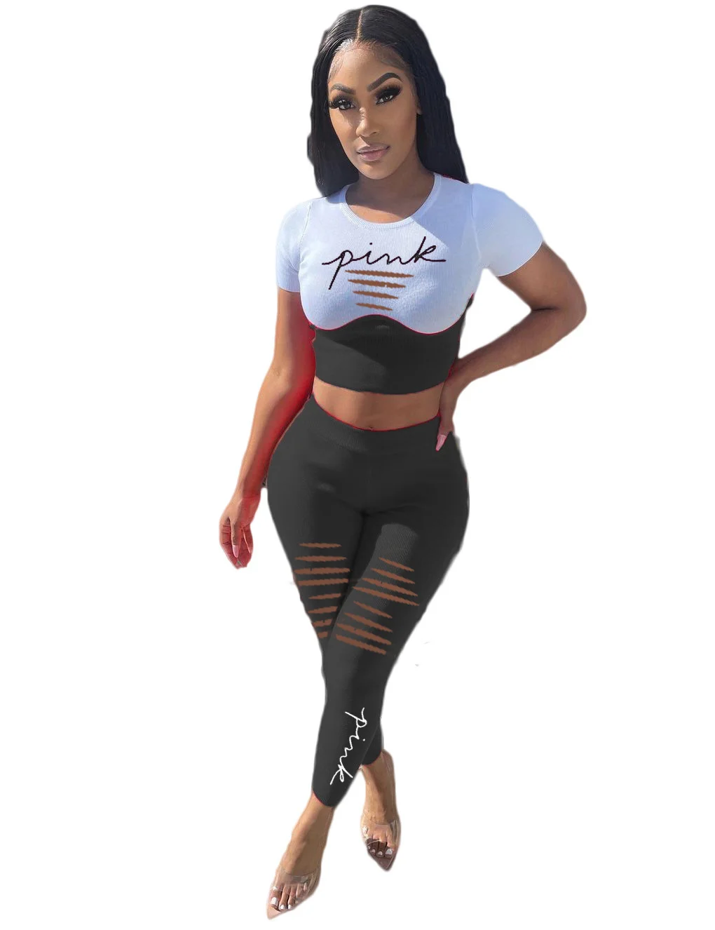 

Cutubly Patchwork Color Two 2 Piece Set Fitness Joggers Suit Spring Stretchy Holes Women Tight Long Sleeve Crop Top Pencil Pants