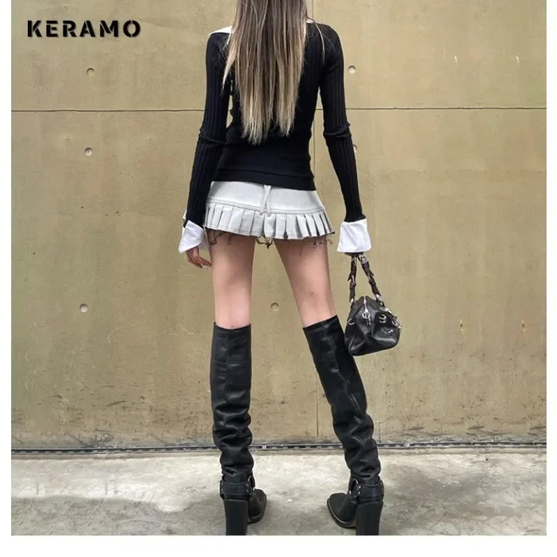 Зимние сексуальные повседневные футболки с длинными рукавами из двух предметов