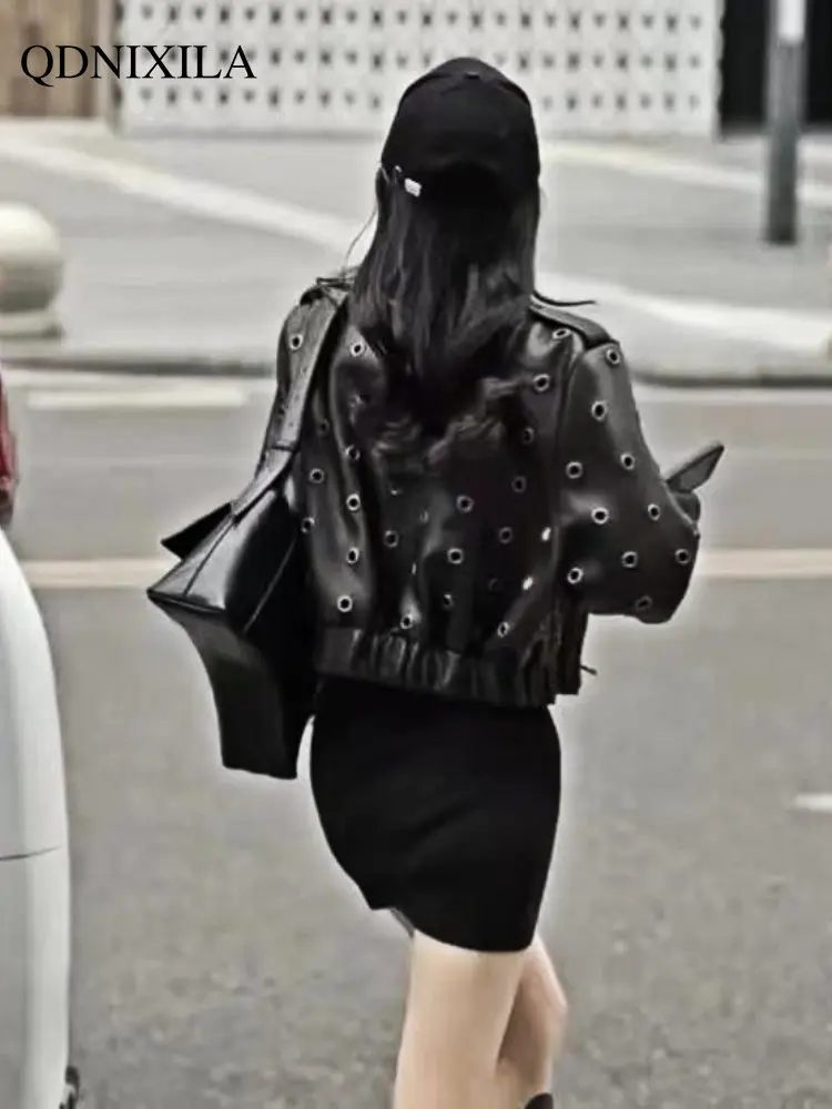 Women's Moto Biker Zipper Jacket 2023 Spring Jacket Women New Outerwear Heavy Industries Metal Buckle Hole Leather Jacket Woman