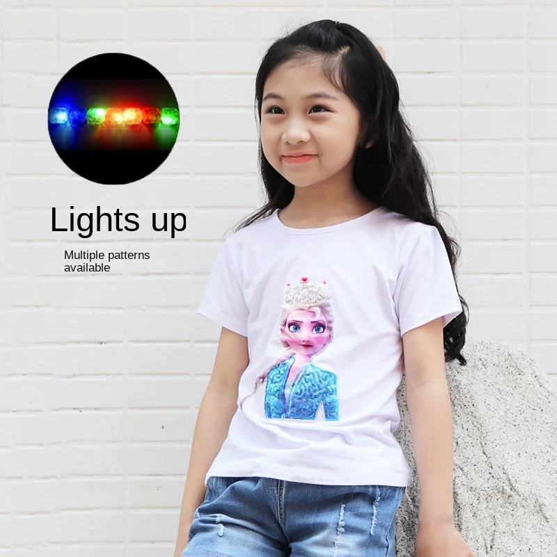 

2023 New Disney Frozen Princess Girls' Summer Children's Short Sleeve T-shirt 100% Cotton Creative Light up Baby Clothing Top